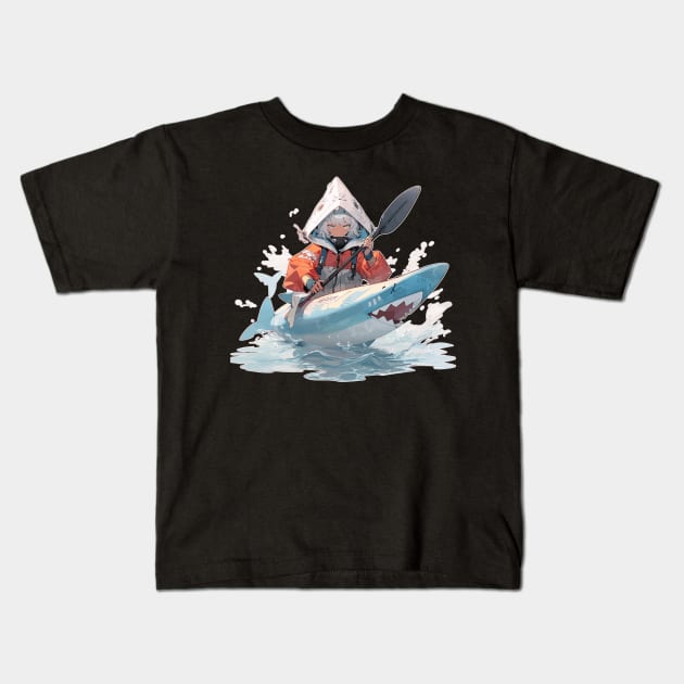 Anime Gurl in a Shark Shaped Kayak Kids T-Shirt by DanielLiamGill